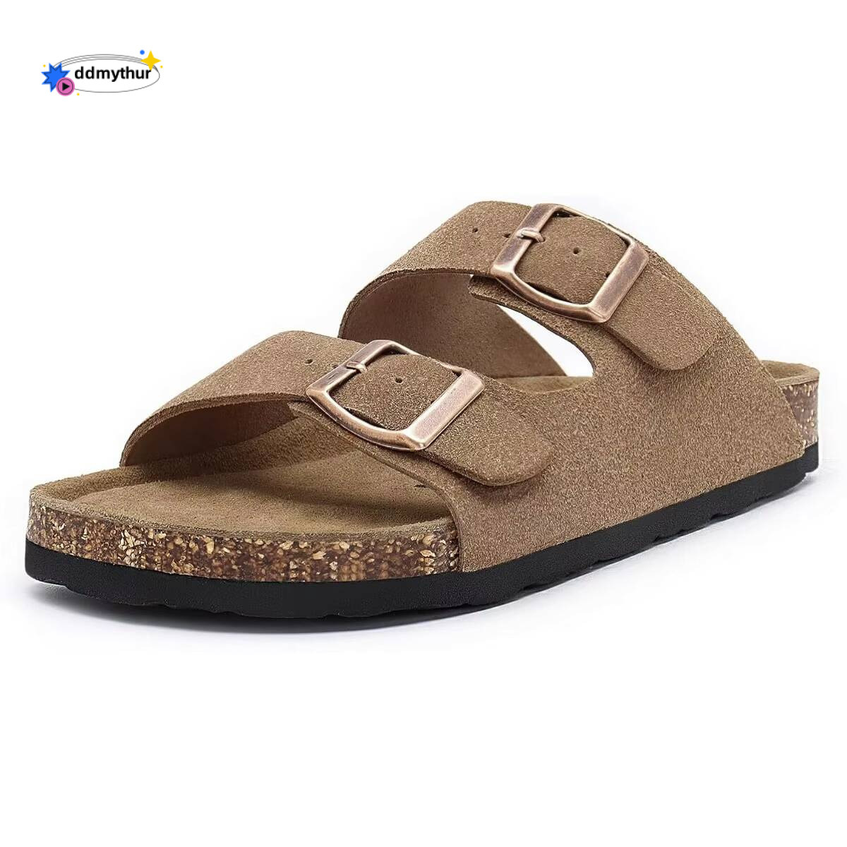 Women's Flat Cork Footbed Slide Sandals Arch Support Slip on Slides with Adjustable Buckle ddmythur