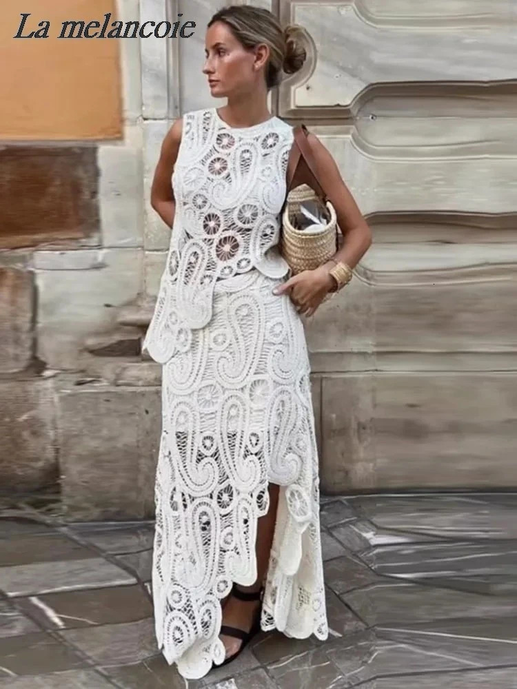 Crochet Knitted Irregular Top Skirts Set Woman Summer Sexy Sleeveless Tank Top High Waist Skirts Elegant Chic Outfit 250616