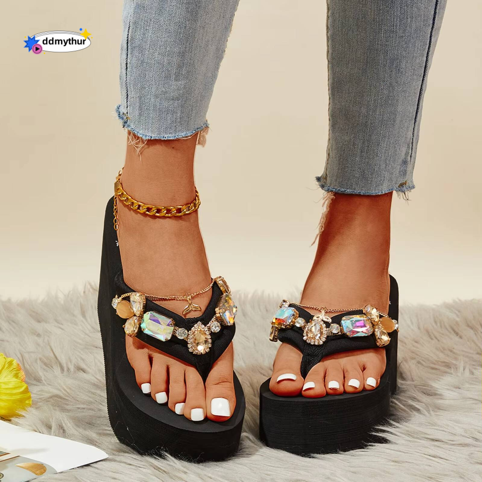 Ladies Flip Flops Shoes Wedge Platform Thick Sole High Heel Rhinestone Slipper Women Fashion Diamond Chain Slippers Zapatos ddmythur