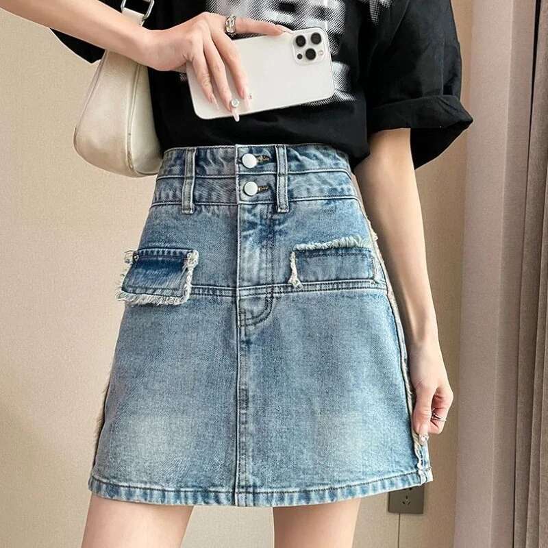 Stylish High Waist With Pocket Jeans Skirts for Women A Line Summer 2025 Harajuku Streetwear Y2k Vintage Cheap Woman Denim Skirt