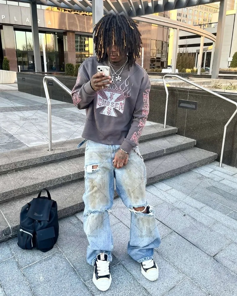 High Street Trendy Clothing Retro Fashion Harajuku Y2K Punk Oversized Long Sleeve Men Street Hip Hop Casual Loose T-shirt Women 250616