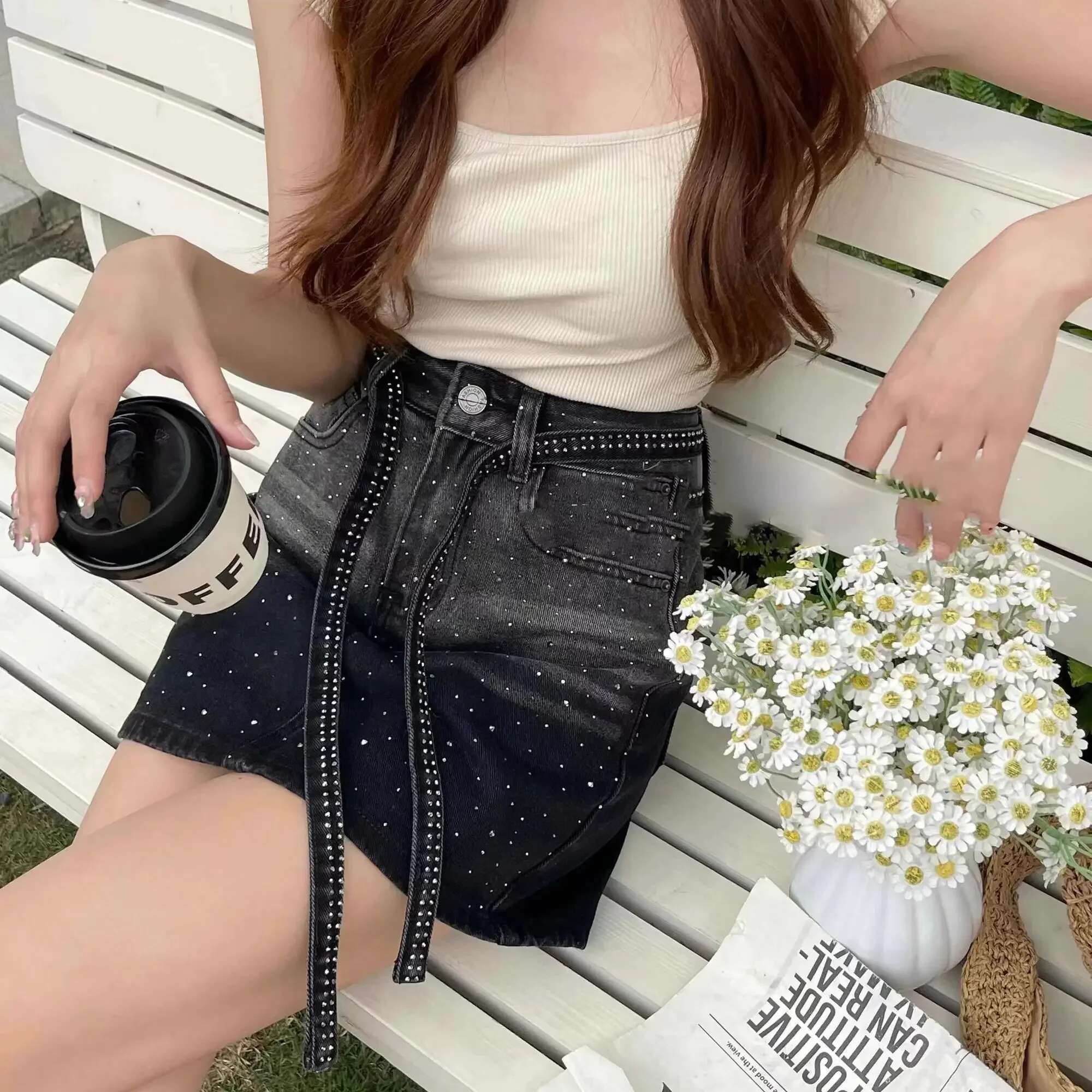 Woman Denim Skirt Sequin Tight Wrap Mini New in Streetwear Vintage Korean Fashion Luxury Elegant Short Jeans Skirts for Women