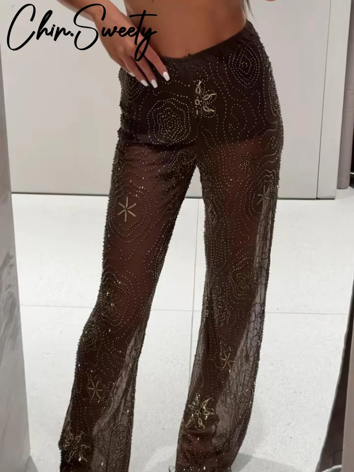Fashion Beading See Through Women Pant Elastic Waist Wide Leg Brown Trousers Female 2025 Spring Summer Lady Loose Outwear 250616