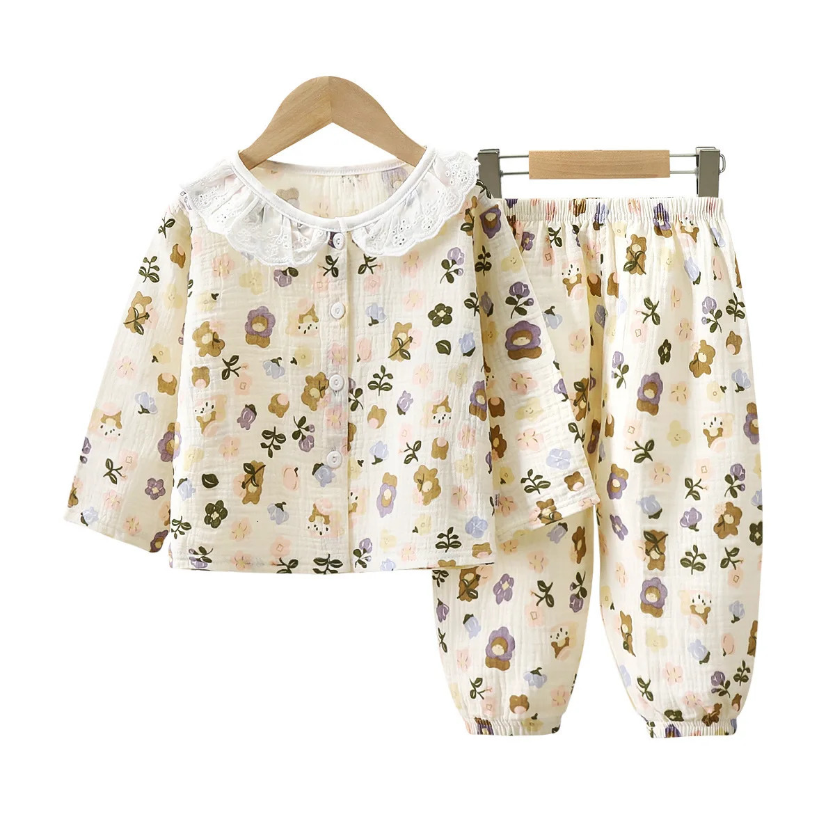 Girls Summer Cotton Gauze Thin Pajamas Home Wear Cartoon Floral Print Long Sleeve Lace Trimmed Sleepwear Baby Clothing Set 250617