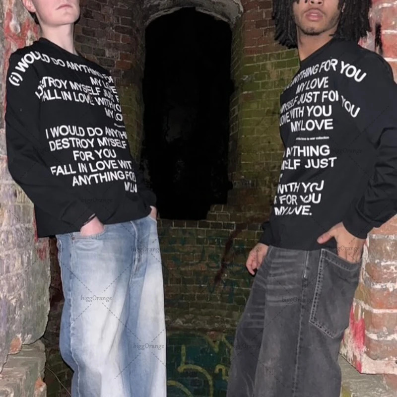 High Street Retro Harajuku Letter Round Neck Long Sleeve T-shirt Punk Gothic Y2K Graphic Top Men Hip-hop Trendy Streetwear 250616