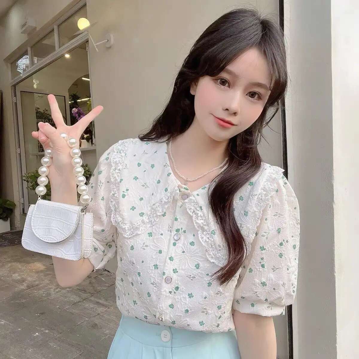 Womens Shirt Blouse Floral Clothes Printed Tops for Women Collar Cute and Elegant with Puffy Sleeves Sale of Korea Stylish M S