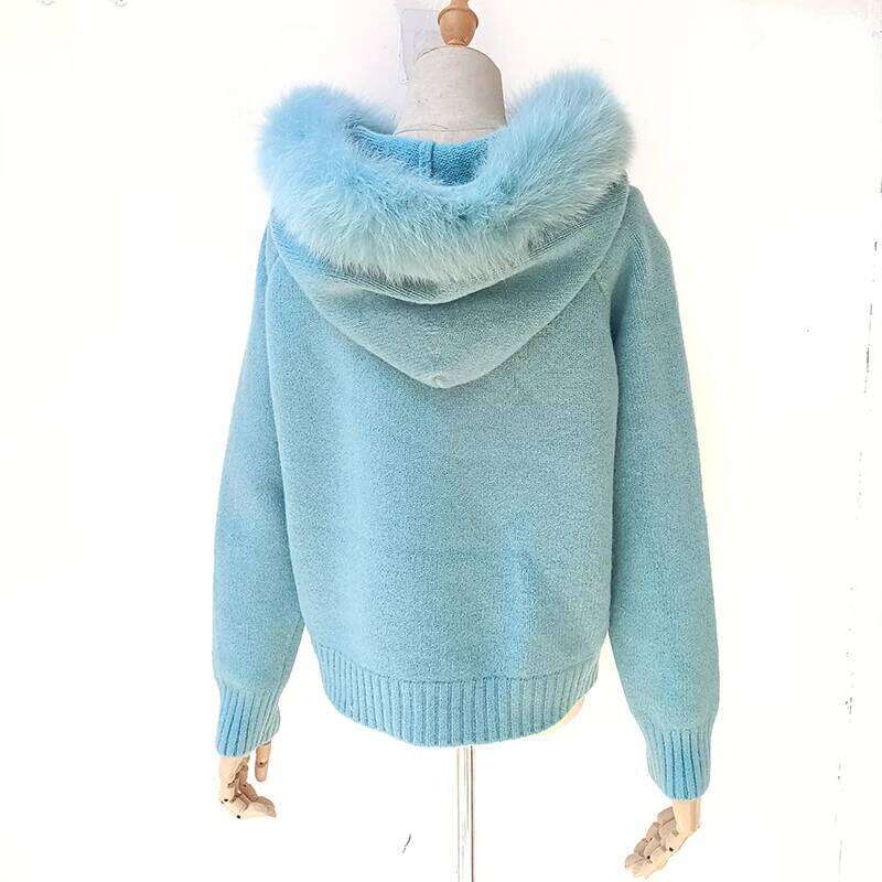 2025 Women Spring Knitted Hooded Cardigans Real Fox Fur Stripe Long Sleeve Warm Cardigan Sweater With Zipper
