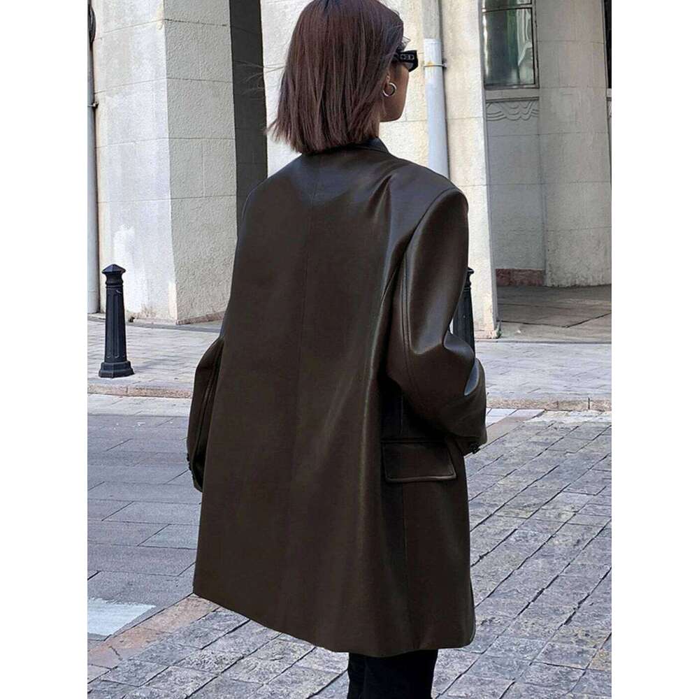 Vintage Autumn Black Brown Soft Pu Leather Blazer Women Biker Coat Long Sleeve Flap Pocket Suit Jacket Oversized Streetwear