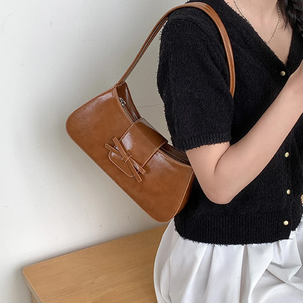 Sweet Bow Y2K Handbag PU Leather Underarm Pouch Women Retro Clutch Purse with Zipper Girls Causal Handbag Chic Top-Handle Bags 250614