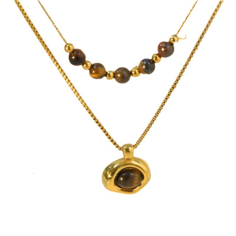 Tiger Eye Stone Beaded Irregular Stainless Steel Pendant Double Layer Stacked Necklace for Women