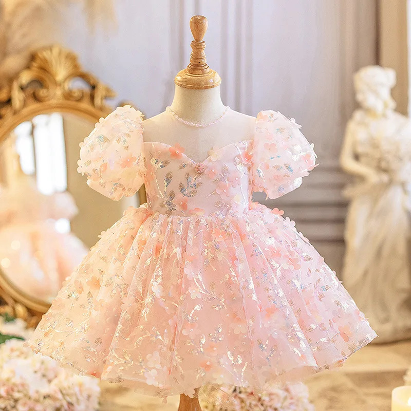 Pink Baby Kids Princess Tulle Bow Sequin Flower Girl Dress Children First Communion Dress Ball Gown Wedding Party Dress Birthday 250617