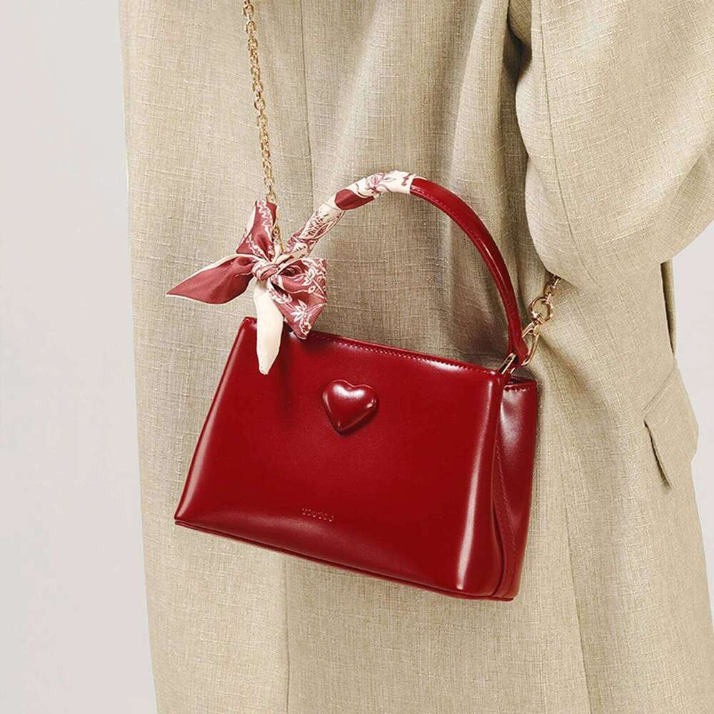 TOUTOU Women Handbag With Adjustable Strap Cowhide Wedding Female Brides Daily Commuting Love One Shoulder Crossbody Red Bag