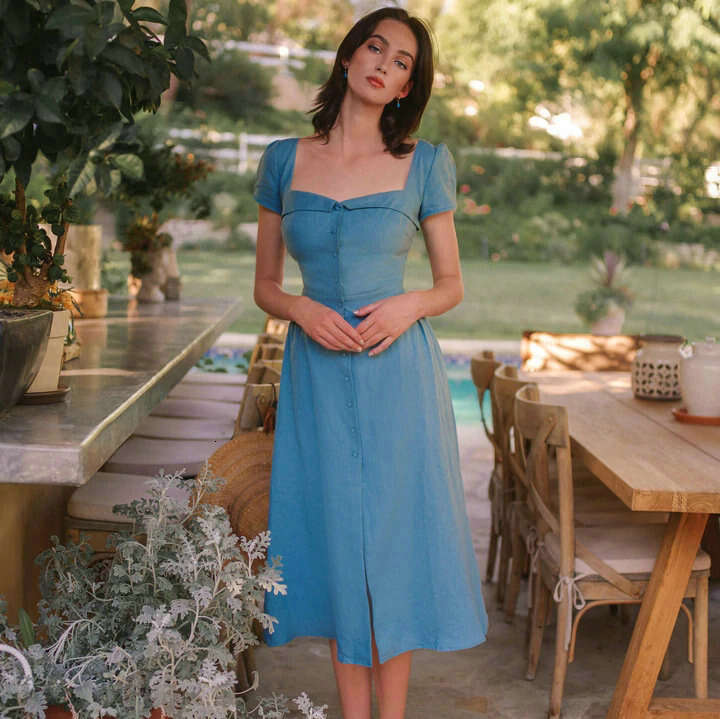 Dresses for Woman Party Vestido Dresses for Woman Dress Di Shi 427 Summer New 2025 Solid Color Square Neck Short Sleeve Linen Niche French Dress