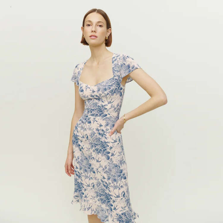 Long Dress Partydress Wedding Guest Dress for Women 485#summer New 2025 Printed Over-the-knee Square Neck Mid-length Slim Fit Dress French Style Women