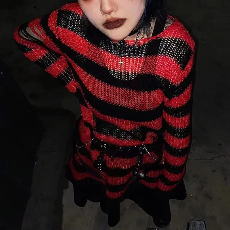 TUMAO Women Y2K E-girl Goth Hole Striped Knitted Pullovers Long Sleeve Ripped Sweater Jumpers Punk Style Kawaii Harajuku 250614