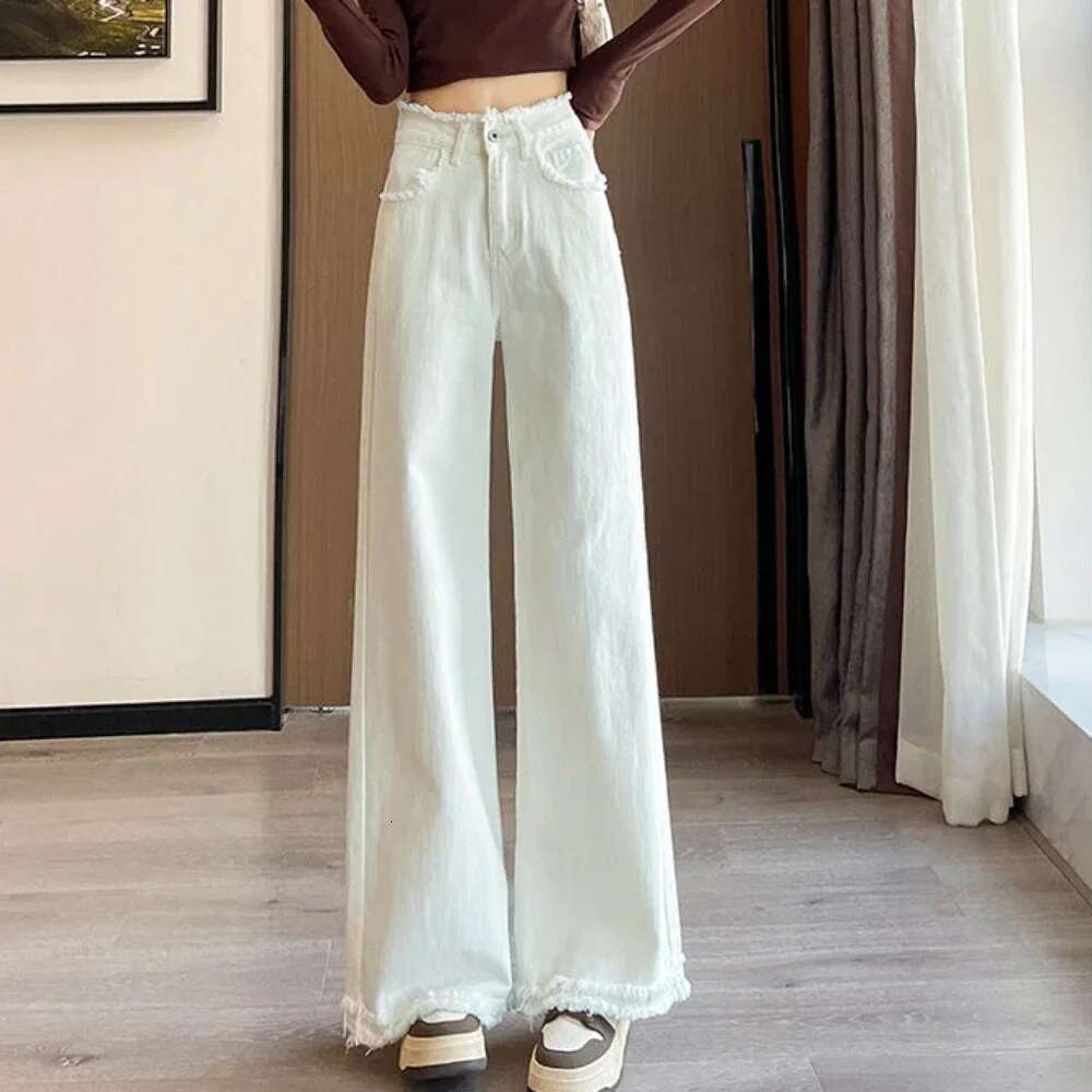 White Trousers High Waist Shot Blue With Pockets Pants For Woman Straight Leg Womens Jeans Medium Trend Unique Basics Fitted Z
