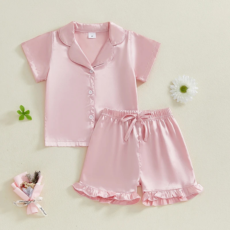 MISOWMNJOY Summer Baby Girls Pajamas Set Satin Silk Solid Color Button Lapel Short Sleeves T-Shirt Ruffled Shorts Kids Sleepwear 250617