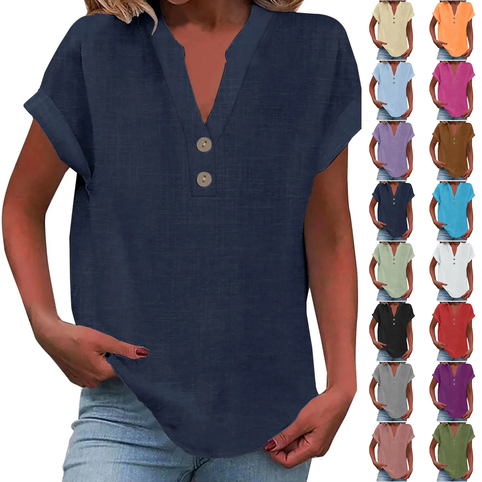 2025 Summer Cotton Linen Breathable Solid Color Button Down V-neck Shirt Basic And Versatile Casual Comfortable Lady Office Tops 250614
