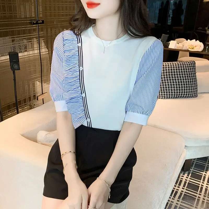 Woven Half Sleeve Shirts Blouses for Women Chiffon Blouse Clothing Woman Top Trend 2025 Modern Long Youthful Elegant Pretty S