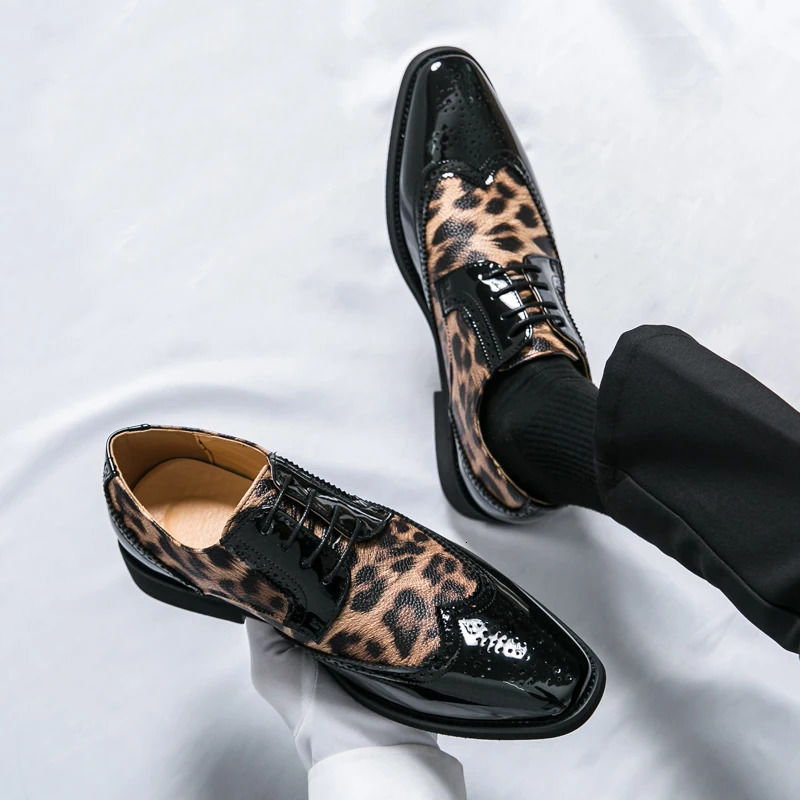mens lace-up leopard print leather shoes slip-on business casual loafers Hair Stylist Nightclub 47 48 Extra size 250605