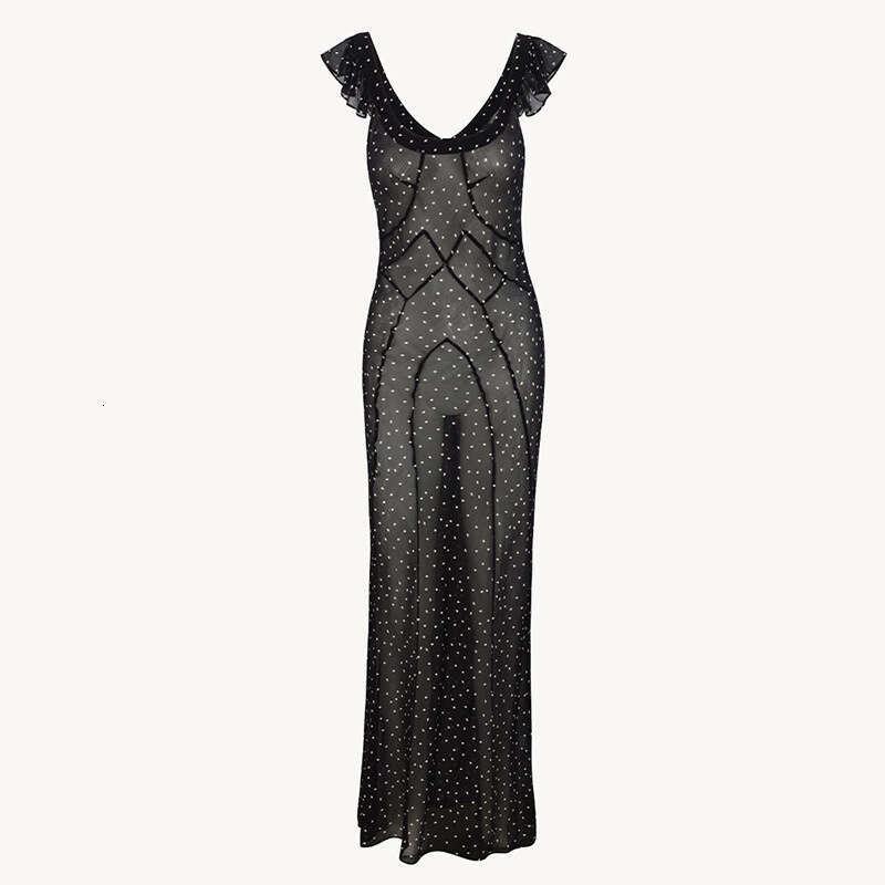 Whitedress Summer Dress 689 Round Neck Silk Low-cut Dress with Ruffles Slim Fit Waist-cinching Printed Vacation Style Sexy and Sheer for Women