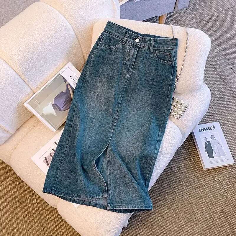Jeans Skirts for Women with Slit High Waist Woman Denim Skirt Tight Wrap Casual Y2k Vintage Luxury Elegant Aesthetic Summer 2025