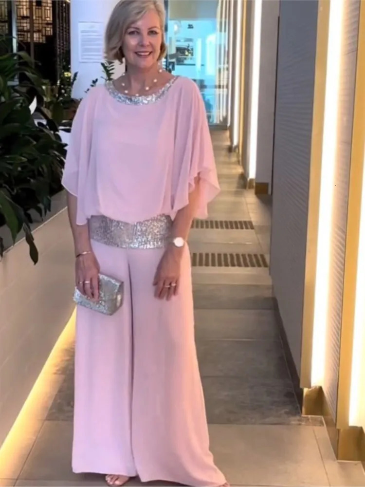 Fashion Sequin Splicing Chiffon Shirt Womens Bat Short Sleeved Suit Summer Wide Leg Pants Elegant Female Office 2 Piece Set 250616