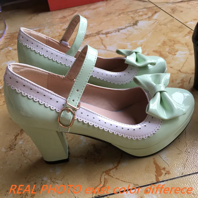 ASILETO Spring Bowtie Cute Pumps Mary Round Toe PU Buckle Strap Sweet 9cm Block Heels Big Size 33- A4089 Green 250613