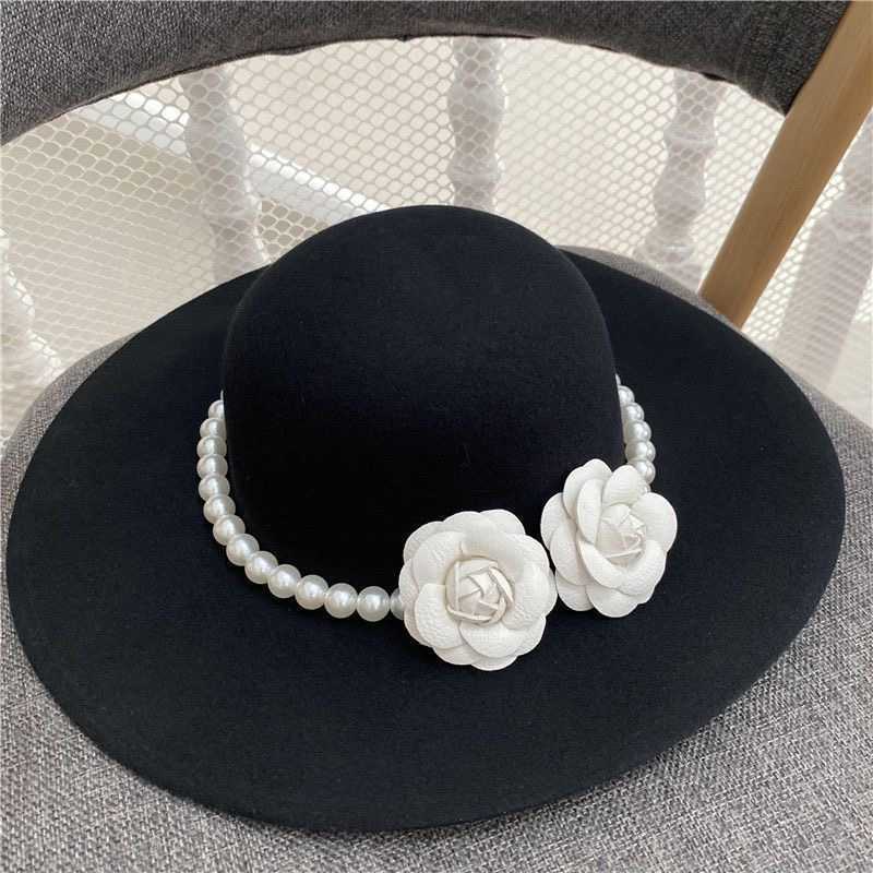 Elegant Socialite Pearl Flower Bride Hat French Style Black Wide Brim Hat and Graceful British Style Wide Brim Hat 250615