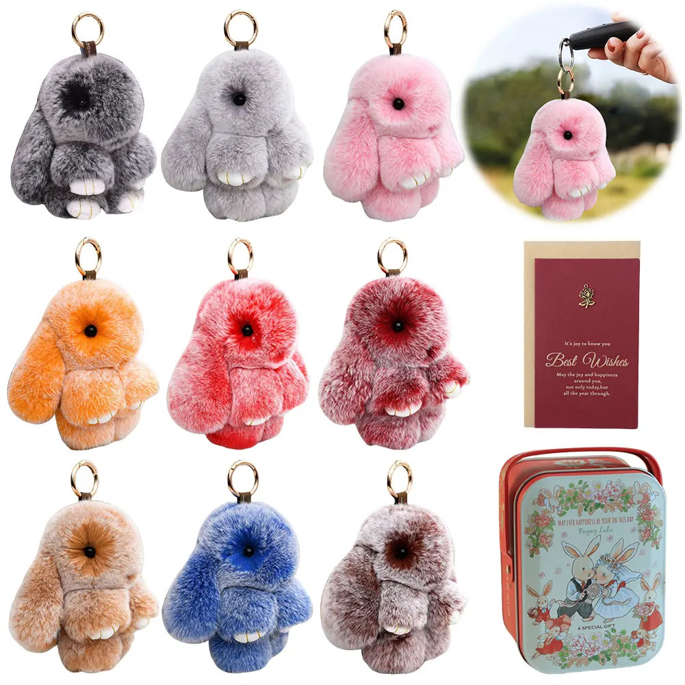 Cute Plush Bunny Keychain with Tin Lovely Keyring Pendant Car Handbag Keyring for Women Teen Girls Kids Backpack Purse 250616