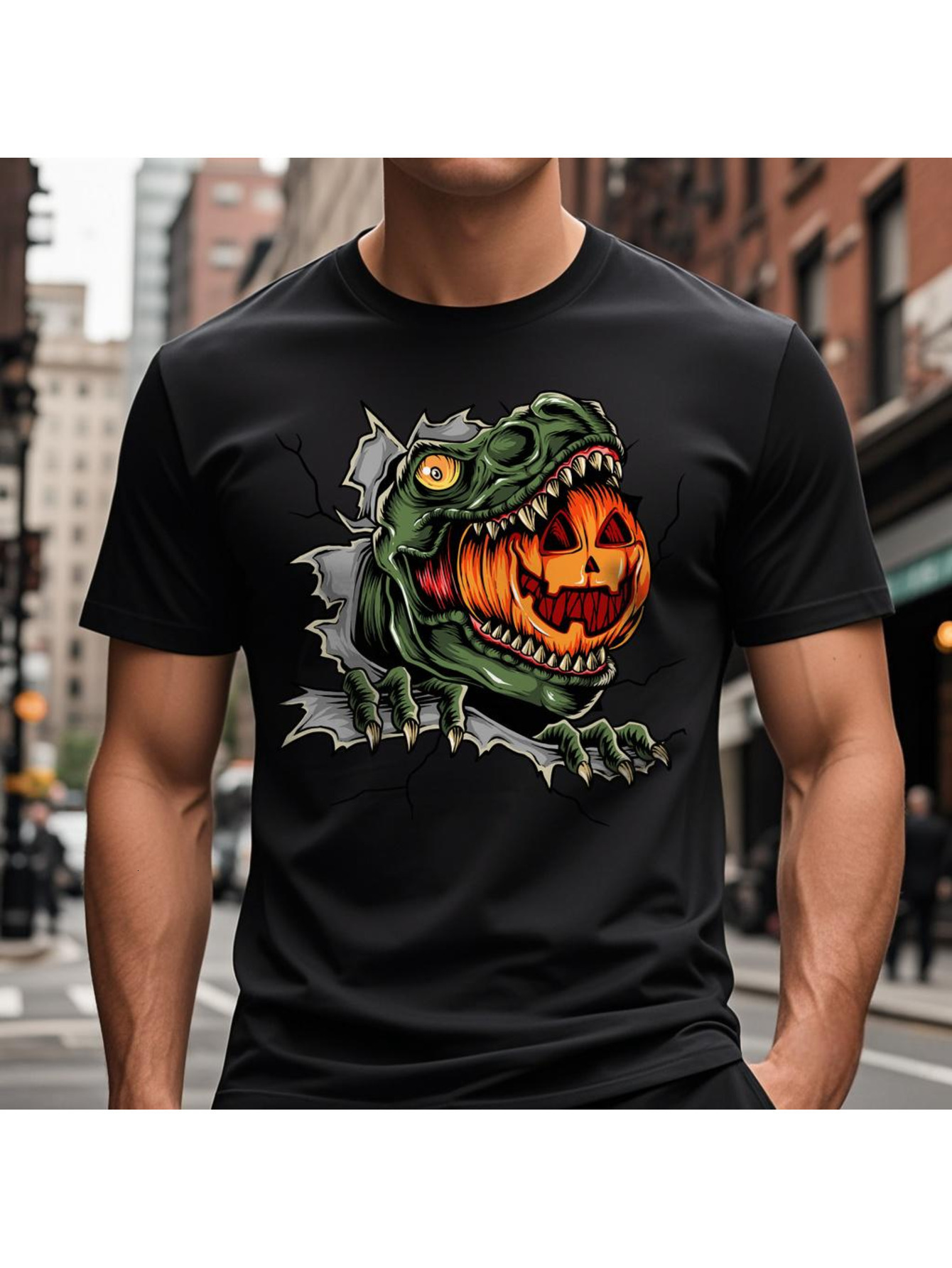 Dongdumaoyi 180G S-3Xl Graphics Short Sleeve Adult T Shirts Round Collar White Tyrannosaurus Cotton Men Black Halloween a1f7