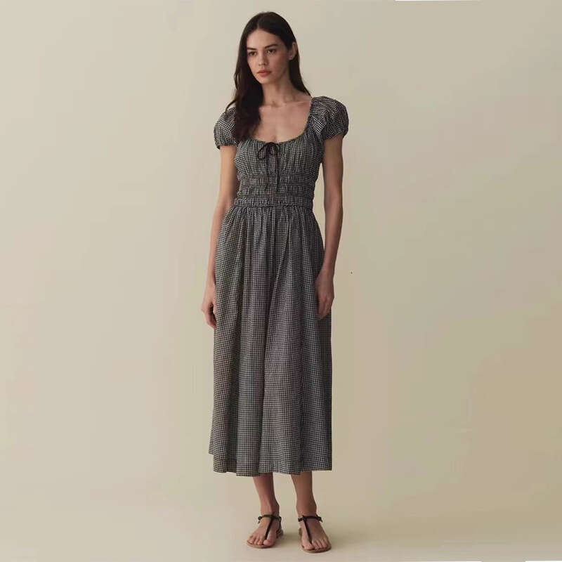 Partydress Clothes Women Designer 710 New 2025 Black and White Plaid Square Neck Pure Cotton Vacation Waist-cinching Mid-length Dress French Style Wom