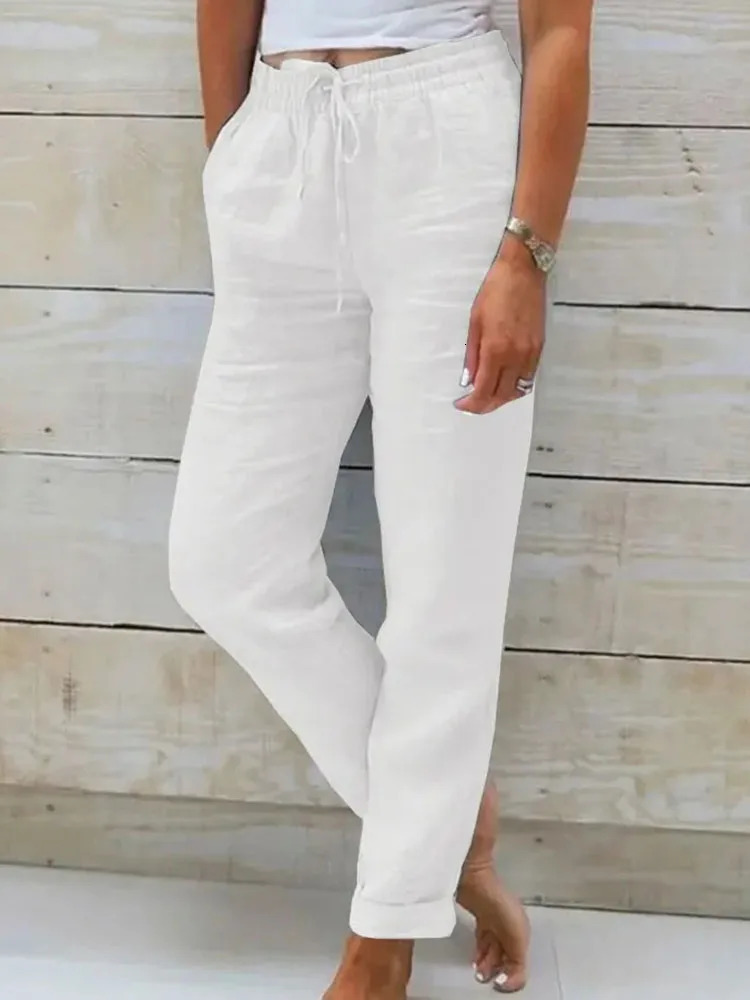 2025 Cotton Linen Summer Pants Women High Waist Elastic Casual Trousers Fashion Streetwear Breathable Female Loose Pencil Pants 250616