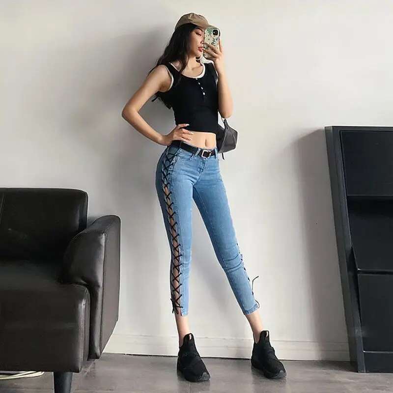 Womens Jeans Slim Fit Woman Pants Pipe and Capris Trousers Blue with Pockets Cropped Skinny Summer Denim Vintage Hippie A Basics