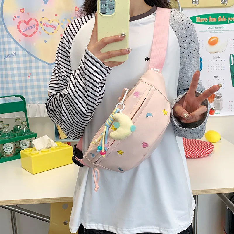 Candy Color Embroidery Cute Fanny Pack Woman Lightweight Portable Casual Sport Chest Bag Japanese Style Kawaii Crossbody Bag 250614