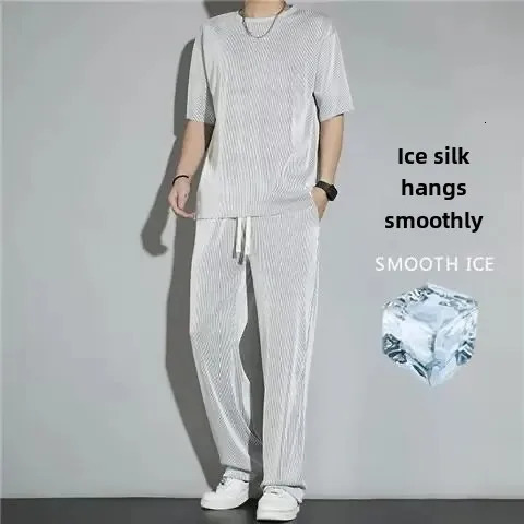 HighEnd Ice Silk Mens Sports Suit Casual Home Use Long Pants Short Sleeves Quick Drying Top Set Summer Collection 250614