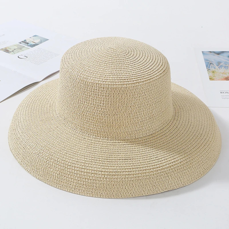 HT2303 Summer Sun Hats Ladies Solid Plain Elegant Wide Brim Hat Female Round Top Panama Floppy Straw Beach Hat Women 250616