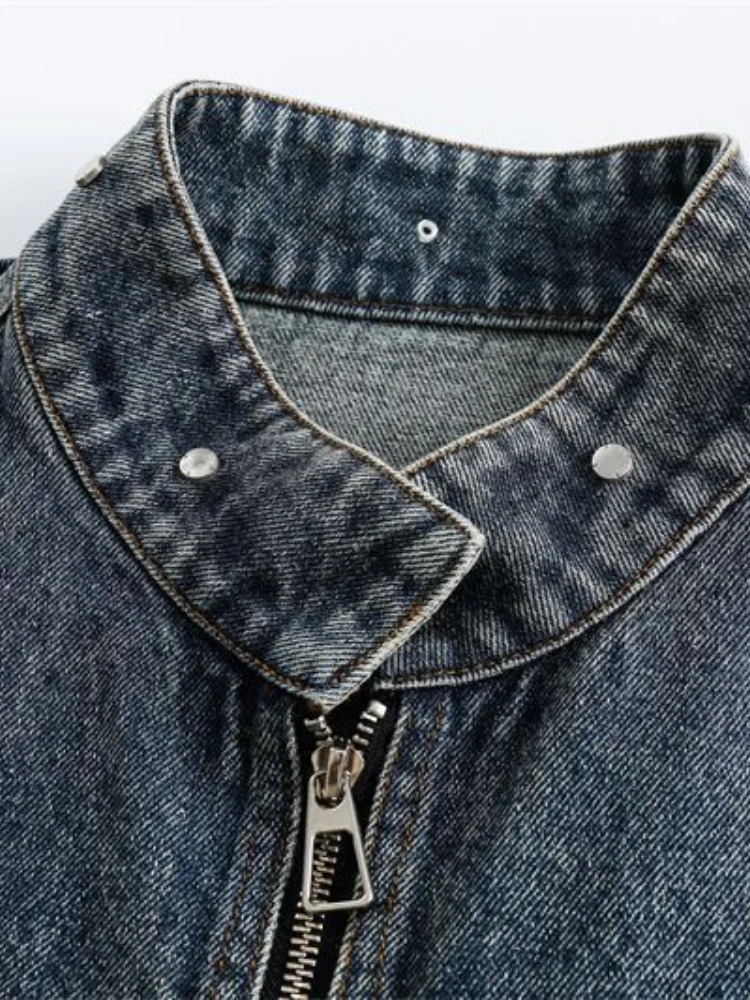 American Streetwear Denim Jackets Casual Loose Zipper Pockets Stand Neck Solid Color Coats Vintage All Match Women Clothing 250613