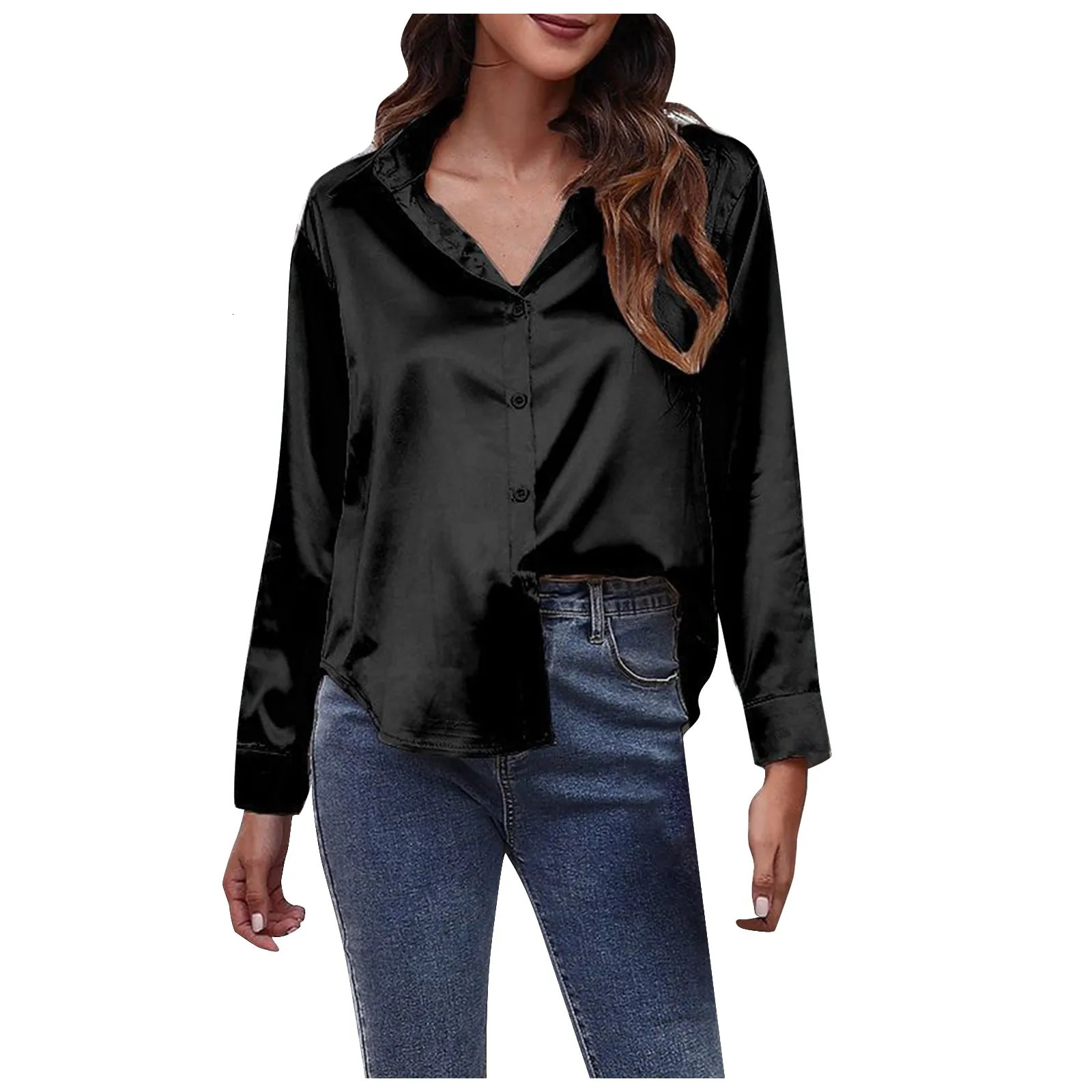Fashion Solid Color Long Sleeved V-Neck Satin Silk Shirts For Women High Street Breathless Daily Chemise Femme Chic 250616