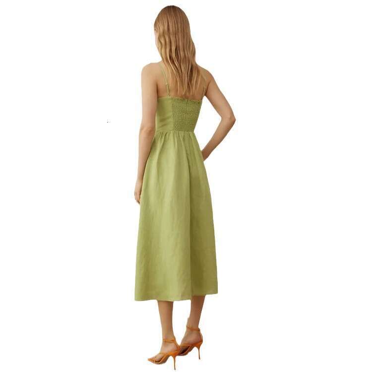 Maxi Dress for Women Bodycon Dresses for Women Skirt Robe Sexy June 417#summer New Green Strap Linen Mid-length Dress 2025 French Style Womens Fashion