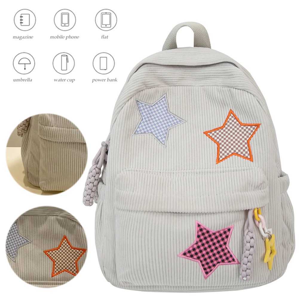 Large Capacity Womens Book Bag Corduroy Star Backpack KAWaii Rucksack Trendy School Bag for Outdoor Travel Z250617