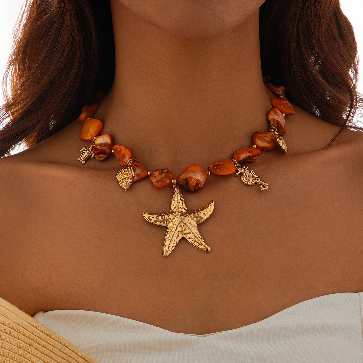 Ingemark Bohemian Irregular Chain Necklace for Women Summer Beach Vacation Starfish Conch Pendant Choker Necklace Y2K Jewelry 250616