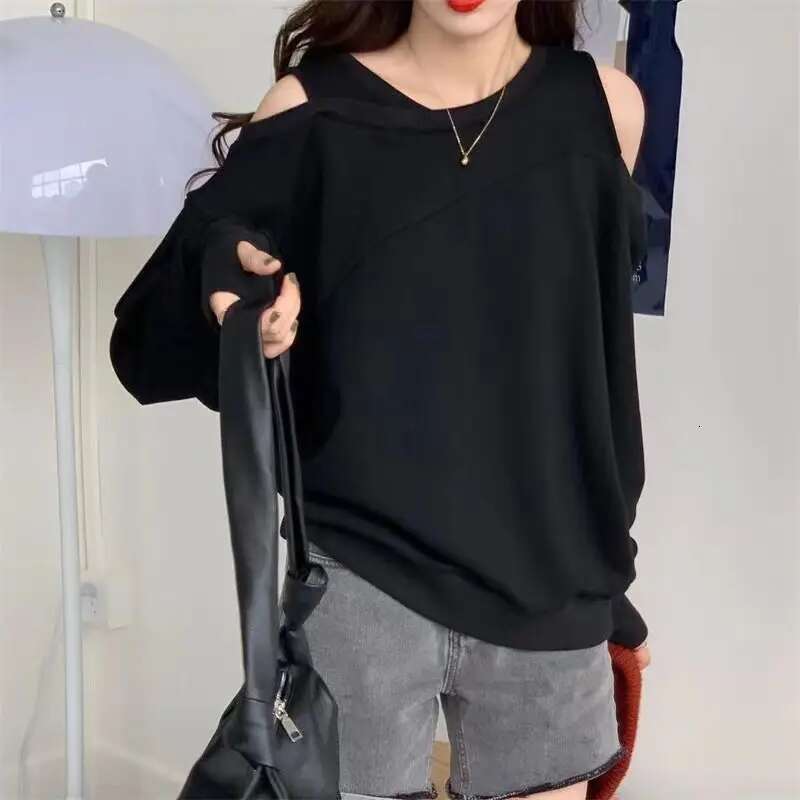 Grey Women Clothing Cotton Off Shoulder Top for 2025 Woman T-shirt Loose Spring and Autumn Tshirt Sale Simple Cheap Stylish Tee