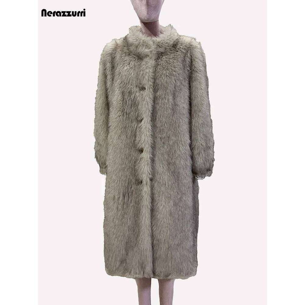Nerazzurri Autumn Winter Long Fluffy Thick Warm Soft Hairy Black Faux Fur Coat Women Single Breasted Loose Casual Furry Overcoat