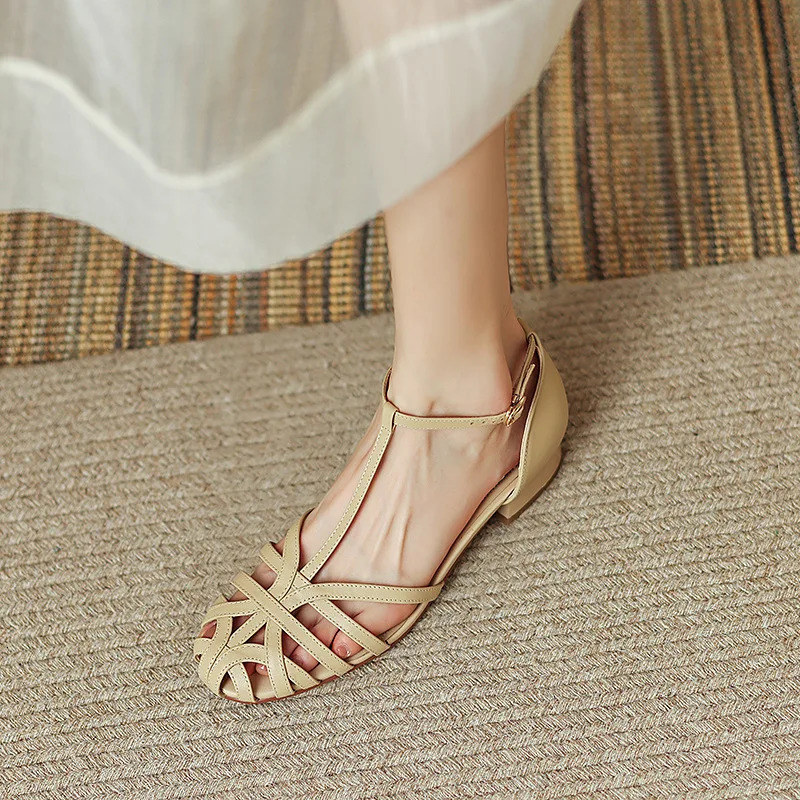 Shoes Female Sandal 2025 Womens Girls Beige Summer Comfort Low Retro Flat Back Strap Square Heel Rubber PU Scandals Solid C 250613