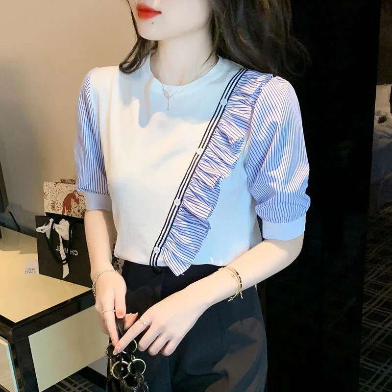 Woven Half Sleeve Shirts Blouses for Women Chiffon Blouse Clothing Woman Top Trend 2025 Modern Long Youthful Elegant Pretty S