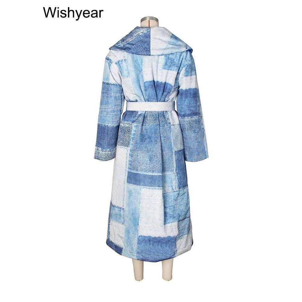 Elegant Cotton-Padded X-Long Coat Women Fashion Denim Patch Printed Large Lapel Lace-Up Jacket Streetwear Loose Thick Overcoat