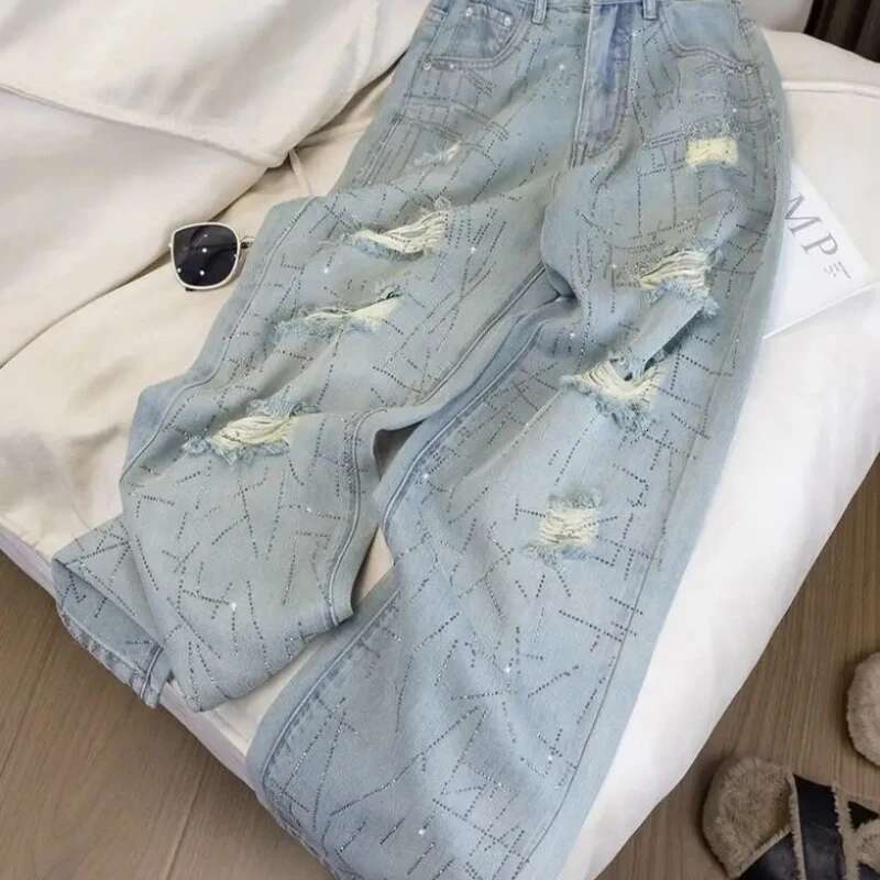 With Rhinestones Denim Pants for Women Straight Leg Woman Jeans Korean Popular Clothes 2025 Fashion Trend Streetwear Trousers