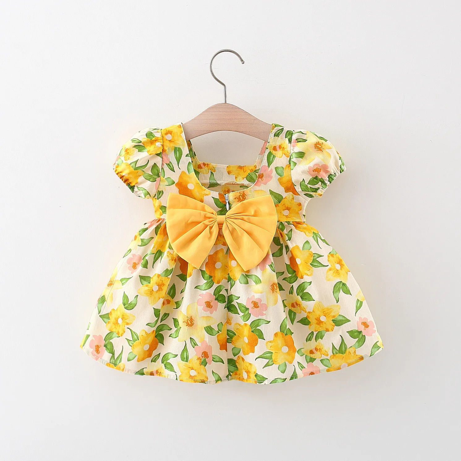 Baby Girl Summer Cotton Love Print Bow Small Square Neck Dress Girl Korean Fashion Bubble Sleeve Party Dress 250617