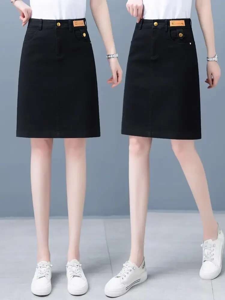 Black To Knees Length Jeans Skirts for Women High Quality Stylish Y2k Vintage Korean Fashion Style Aesthetic Woman Denim Skirt